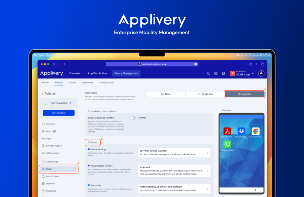 Applivery MDM with kiosk mode configuration for Android, Apple and Windows