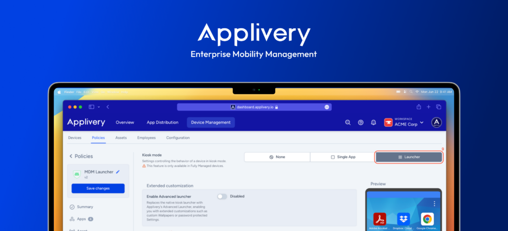 Applivery MDM with kiosk mode configuration for Android, Apple and Windows